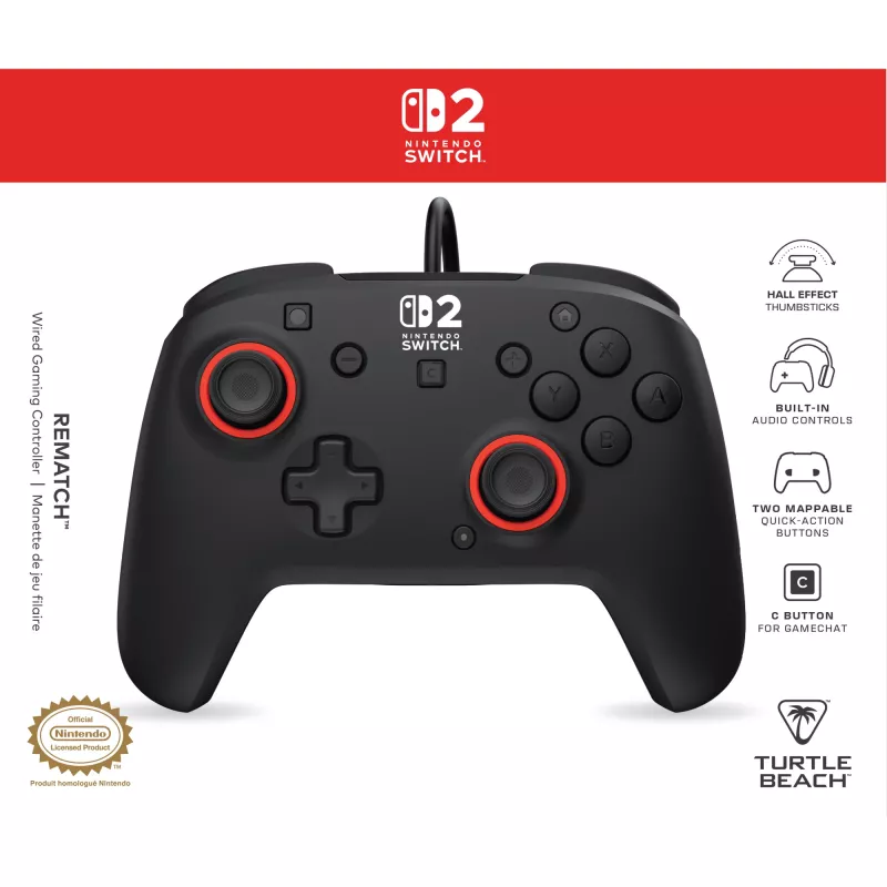 Controller da gaming con filo Turtle Beach Rematch per Nintendo Switch 2 – USB-C, cavo 3 m, tasto indietro, D-pad, nero