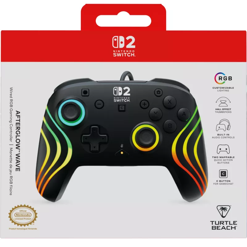 Gamepad Turtle Beach Afterglow Wave nero gamepad RGB con filo per Nintendo Switch / Switch 2, USB-C, cavo 3 m