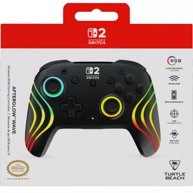 Controller da gaming RGB senza fili Turtle Beach Afterglow Wave nero per Nintendo Switch 2 — Bluetooth/USB-C, batteria ricaricabile integrata 20 h, cavo 3 m