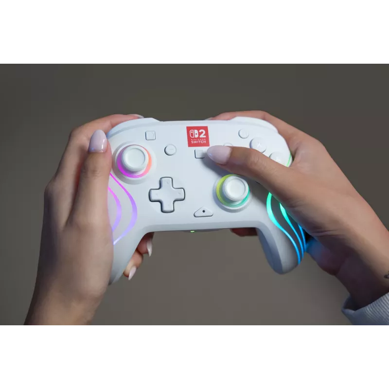 Controller da gaming RGB senza fili Turtle Beach Afterglow Wave bianco per Nintendo Switch 2, Bluetooth/USB-C, batteria ricaricabile integrata 20 h, cavo 3 m
