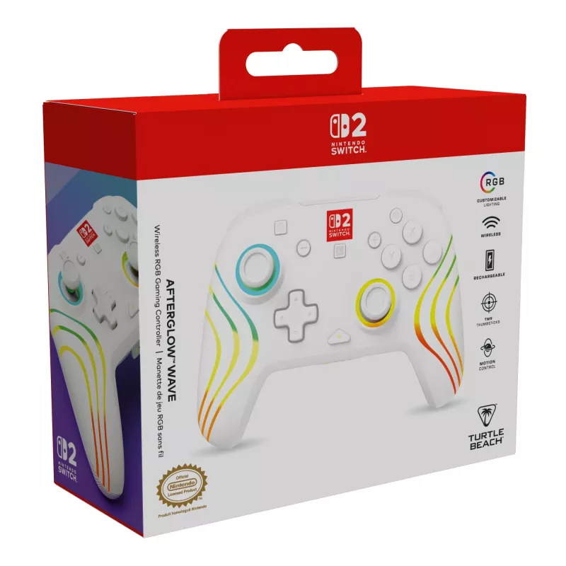 Controller da gaming RGB senza fili Turtle Beach Afterglow Wave bianco per Nintendo Switch 2, Bluetooth/USB-C, batteria ricaricabile integrata 20 h, cavo 3 m