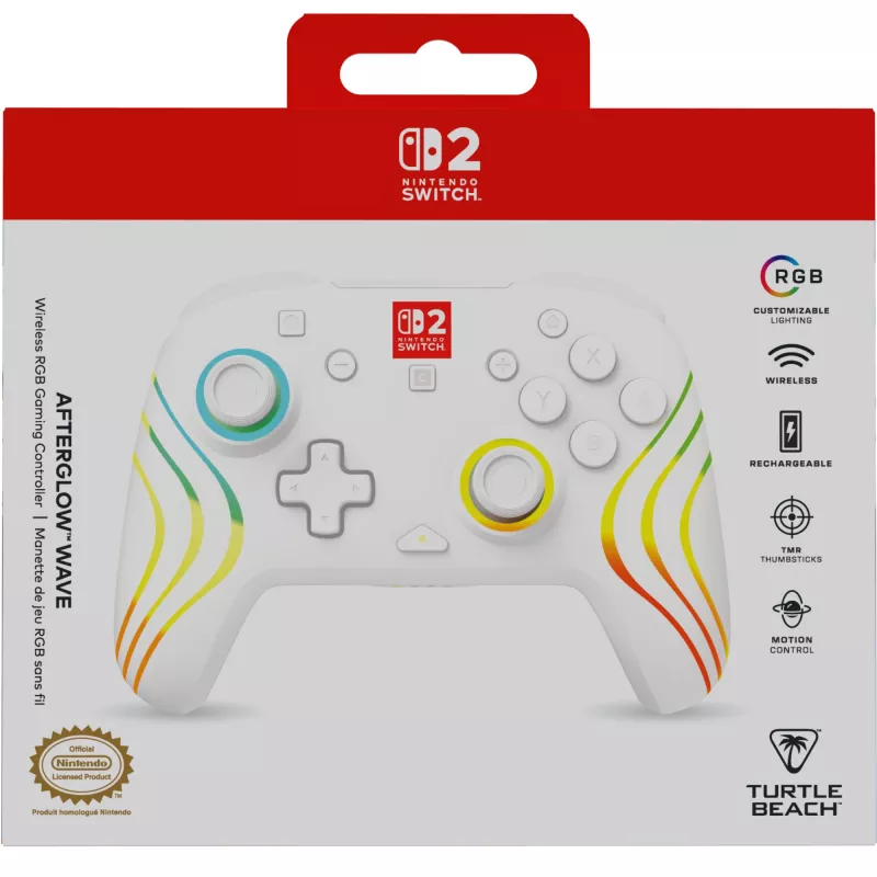 Controller da gaming RGB senza fili Turtle Beach Afterglow Wave bianco per Nintendo Switch 2, Bluetooth/USB-C, batteria ricaricabile integrata 20 h, cavo 3 m