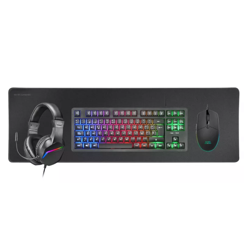 Mars Gaming combo da gaming 4-in-1 MCP-RGB3, con filo, USB, a membrana, LED RGB, nero, mouse incluso