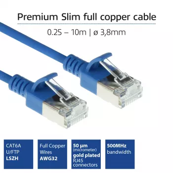 Cavo patch slimline ACT blu 1,5 m LSZH U/FTP CAT6A per data center con protezione linguetta e connettori RJ45