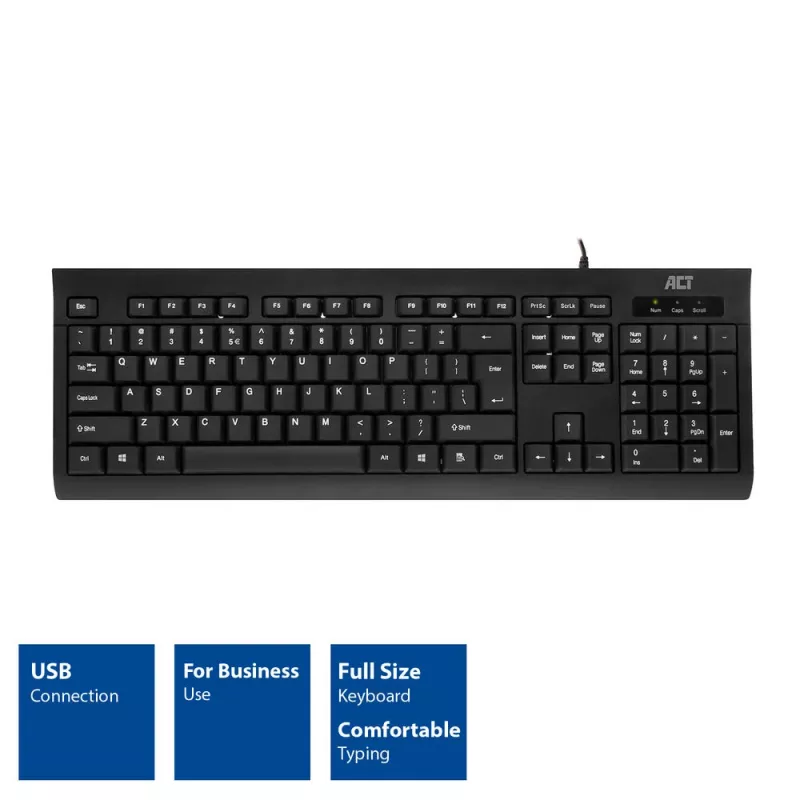 Tastiera business ACT USB (layout Qwerty/US), full-size (100%), con filo, USB, a membrana, QWERTY, nero