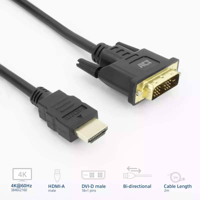 Adattatore per cavo video ACT AK3735 2 m HDMI tipo A (standard) DVI-D nero