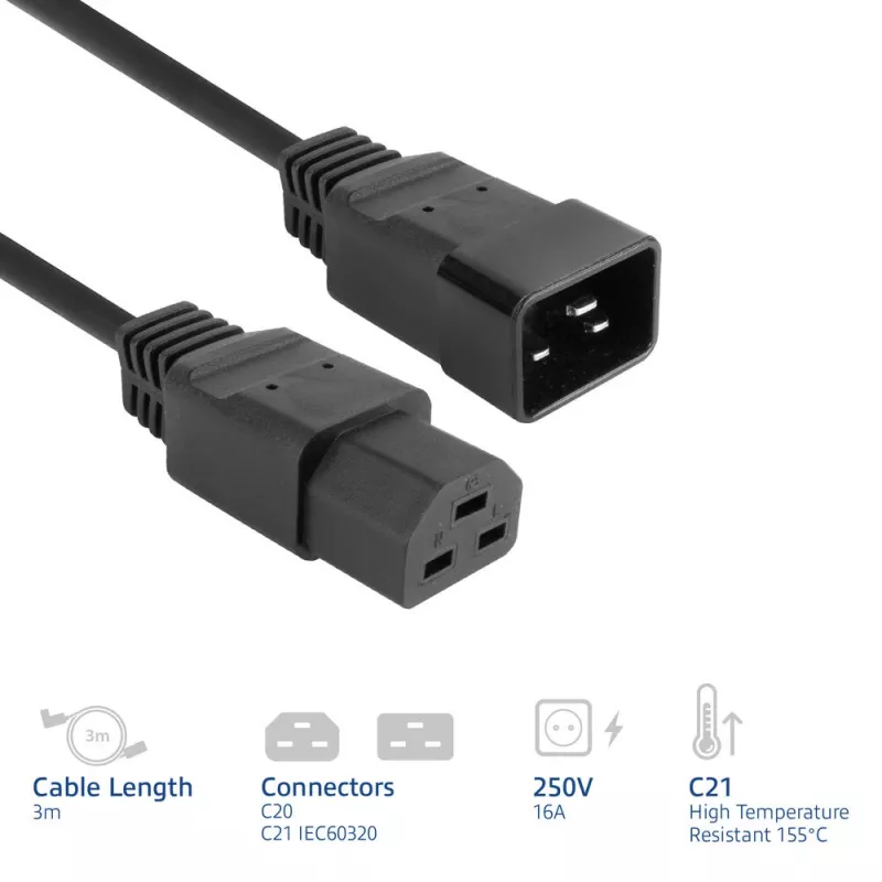 Cavo di alimentazione ACT C20–C21 IEC60320 nero 3 m, 16 A, 250 V