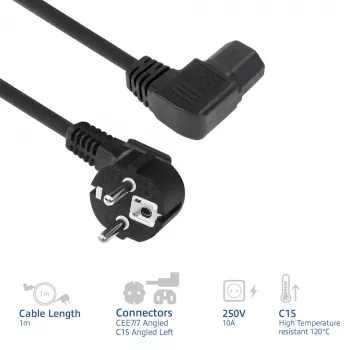 Cavo di alimentazione ACT spina CEE7/7 (angolare) – C15 (angolare sinistra) IEC60320 nero 1 m