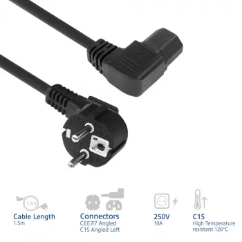 Cavo di alimentazione ACT spina CEE7/7 (angolare) - C15 (angolare sinistra) IEC60320 nero 1,5 m