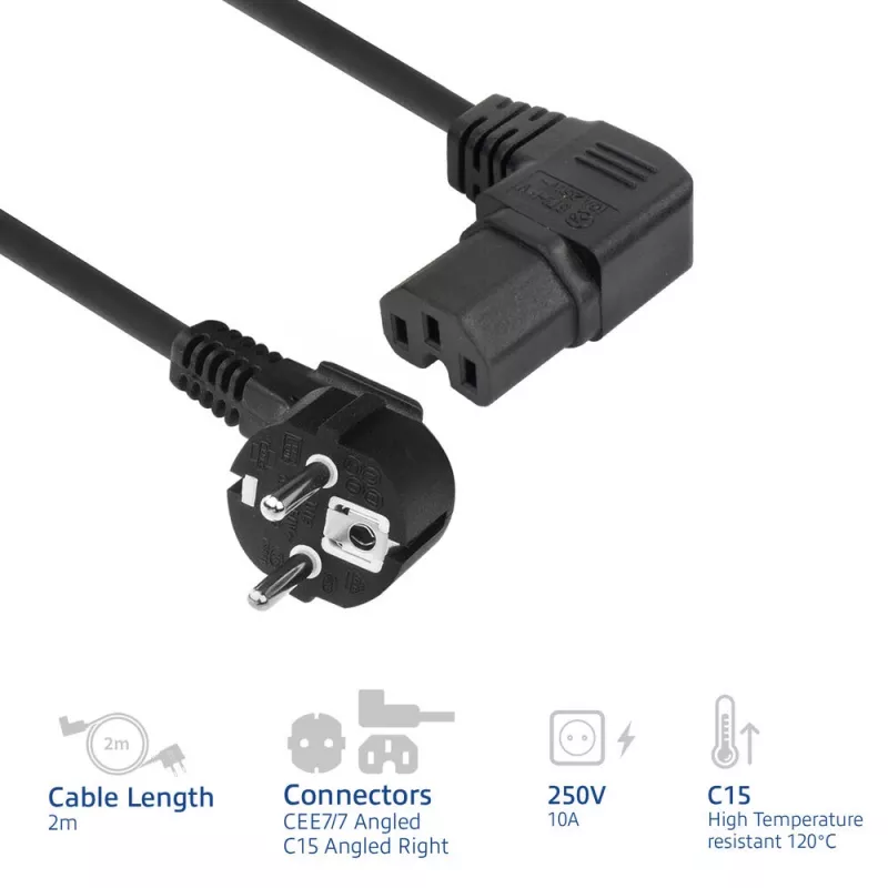Cavo di alimentazione ACT spina CEE 7/7 (angolare) - C15 (angolare) IEC60320 nero 2 m