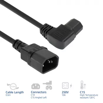 Cavo di alimentazione ACT C14 - C15 (angolare sinistra) IEC60320 nero 0,6 m