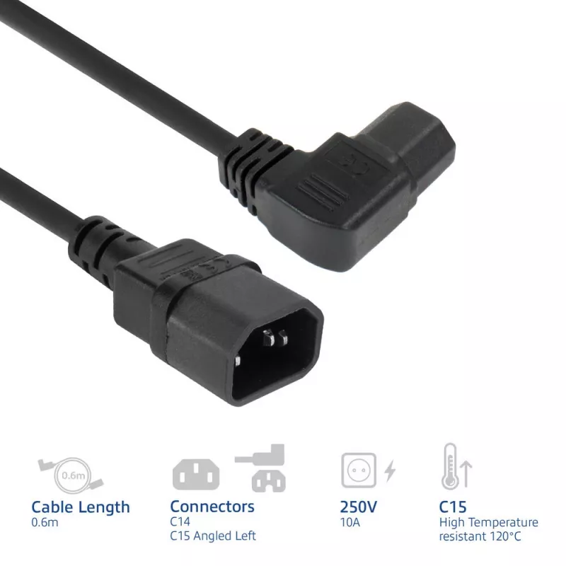 Cavo di alimentazione ACT C14 - C15 (angolare sinistra) IEC60320 nero 0,6 m