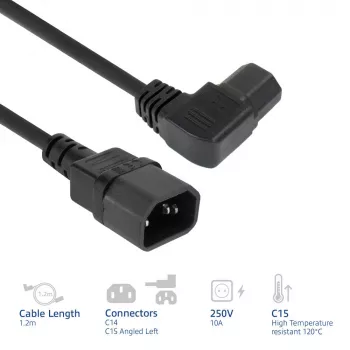 Cavo di alimentazione ACT C14 - C15 (angolare sinistra) IEC60320 nero 1,2 m