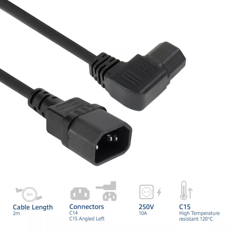 Cavo di alimentazione ACT C14 - C15 (angolare sinistra) IEC60320 nero 2 m