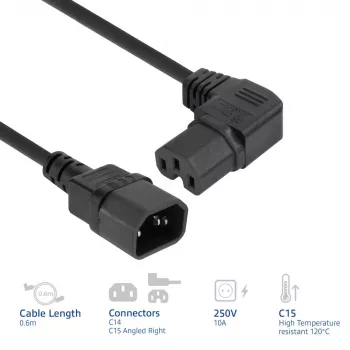 Cavo di alimentazione ACT C14 - C15 (angolare destra) IEC60320 nero 0,6 m