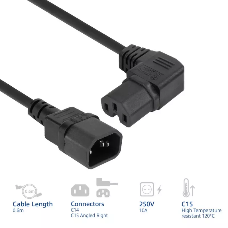 Cavo di alimentazione ACT C14 - C15 (angolare destra) IEC60320 nero 0,6 m