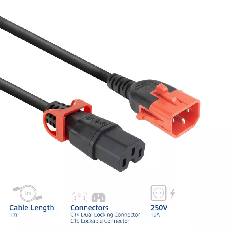 Cavo di alimentazione ACT C14 IEC Lock+ Dual Locking - C15 IEC Lock+ nero 1 m, PC3868