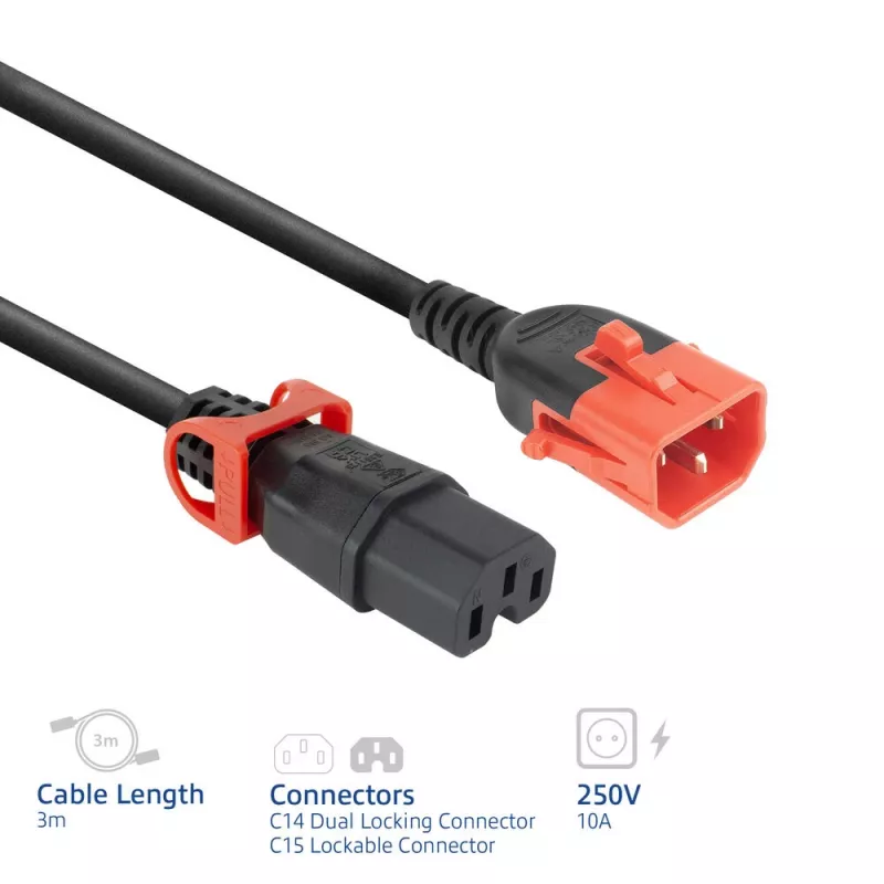 Cavo di alimentazione ACT C14 IEC Lock+ Dual Locking - C15 IEC Lock+ nero 3 m, PC3876