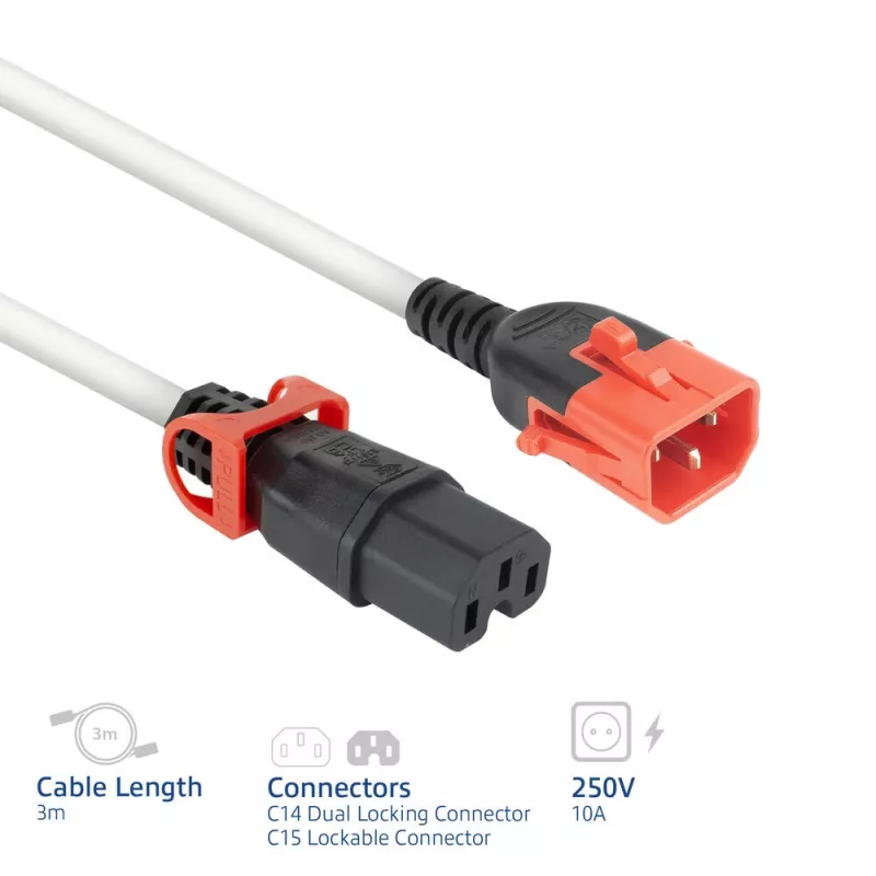 Cavo di alimentazione ACT C14 IEC Lock+ Dual Locking - C15 IEC Lock+ bianco 3 m, PC3879