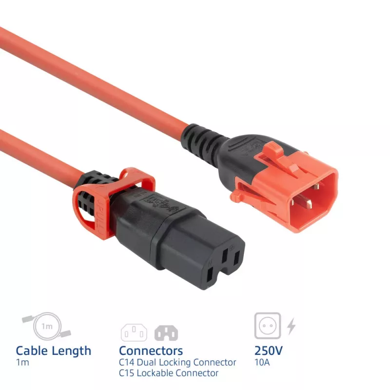 Cavo di alimentazione ACT C14 IEC Lock+ Dual Locking - C15 IEC Lock+ rosso 1 m, PC3869