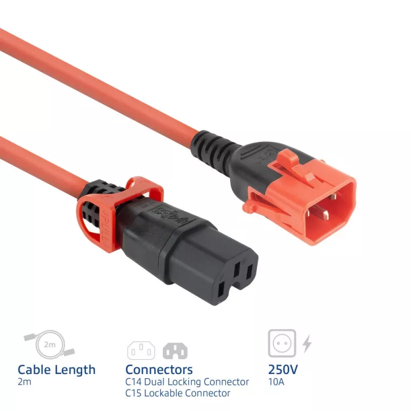 Cavo di alimentazione ACT C14 IEC Lock+ Dual Locking - C15 IEC Lock+ rosso 2 m, PC3873