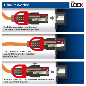 Cavo di alimentazione ACT C14 IEC Lock+ Dual Locking su C15 IEC Lock+ rosso, 3 m, 250 V 10 A