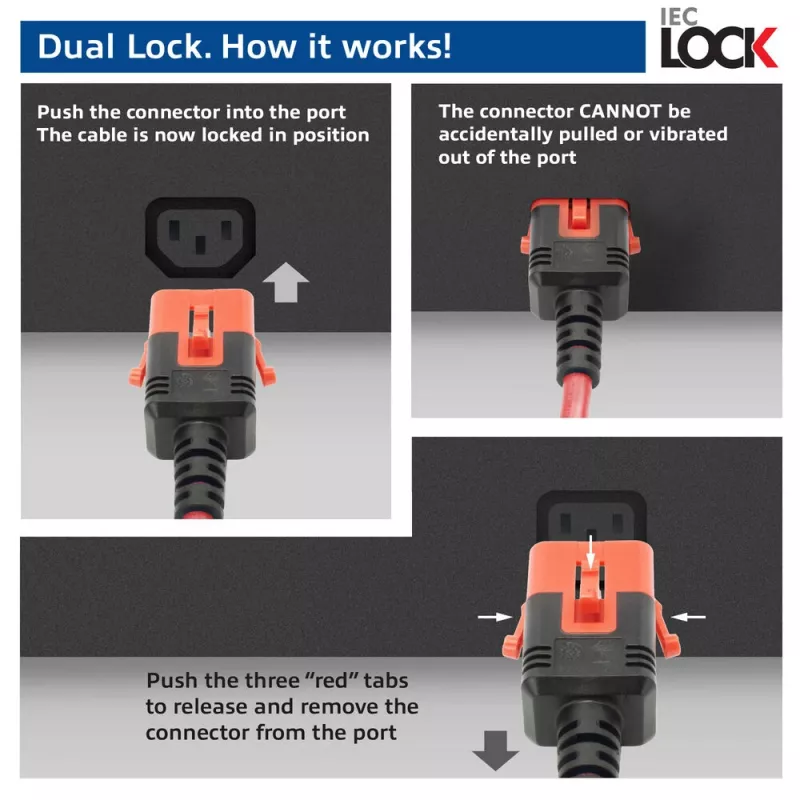 Cavo di alimentazione ACT C14 IEC Lock+ Dual Locking su C15 IEC Lock+ rosso, 3 m, 250 V 10 A