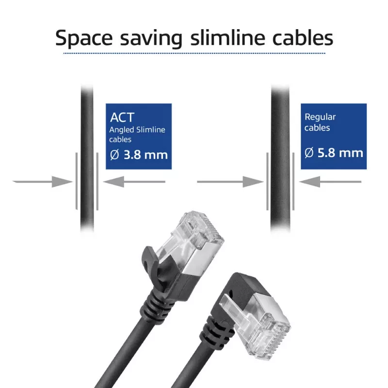 Cavo patch slimline ACT nero 3 m U/FTP CAT6A LSZH con connettori RJ45 90° angolare sinistra su dritto