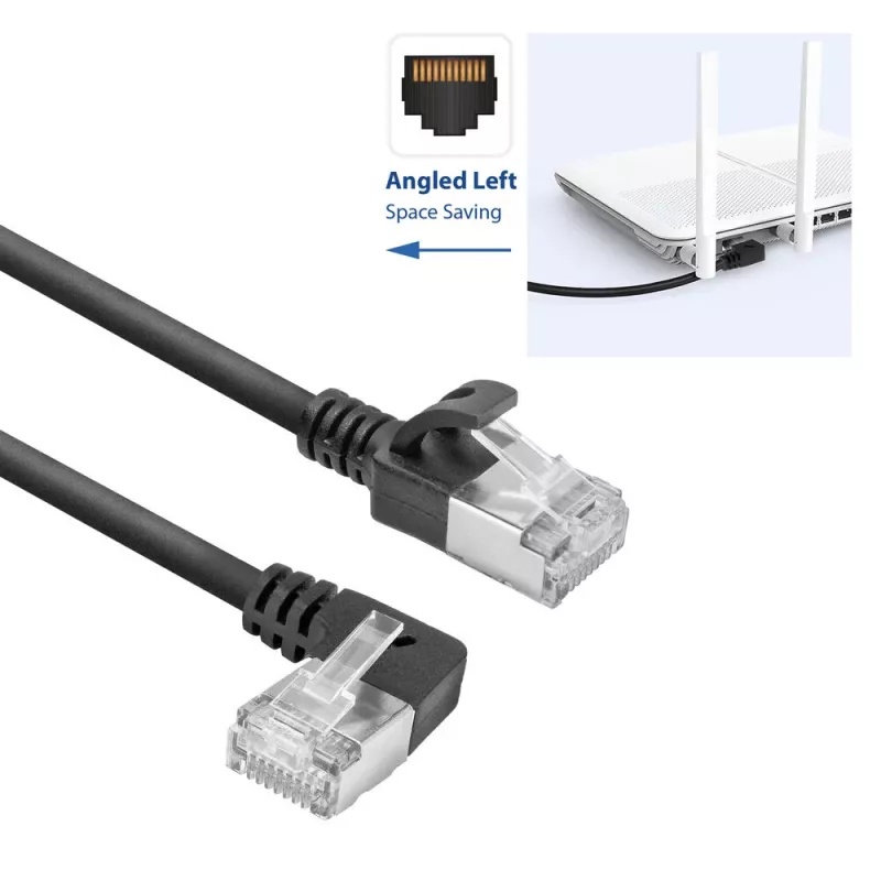 Cavo patch slimline ACT nero 5 m U/FTP CAT6A LSZH con connettori RJ45, 90° angolare sinistra su dritto