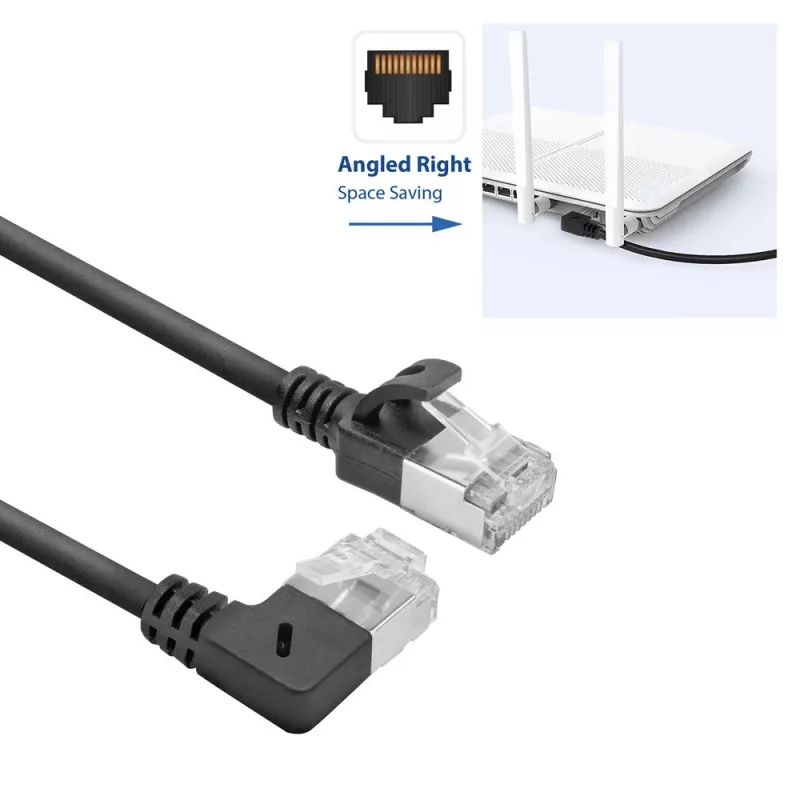 Cavo patch slimline ACT nero 1 m U/FTP CAT6A LSZH con connettori RJ45 90° angolare destra su dritto