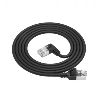 Cavo patch slimline ACT nero 0,15 m U/FTP CAT6A LSZH con connettori RJ45, 90° angolare destra su dritto