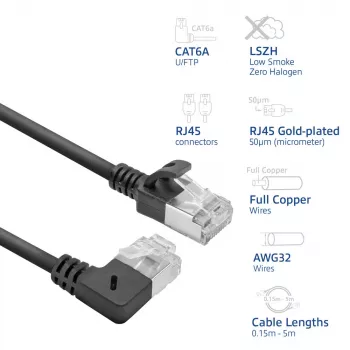 Cavo patch slimline ACT nero 0,25 metri U/FTP CAT6A LSZH con connettori RJ45, 90° angolare destra su dritto