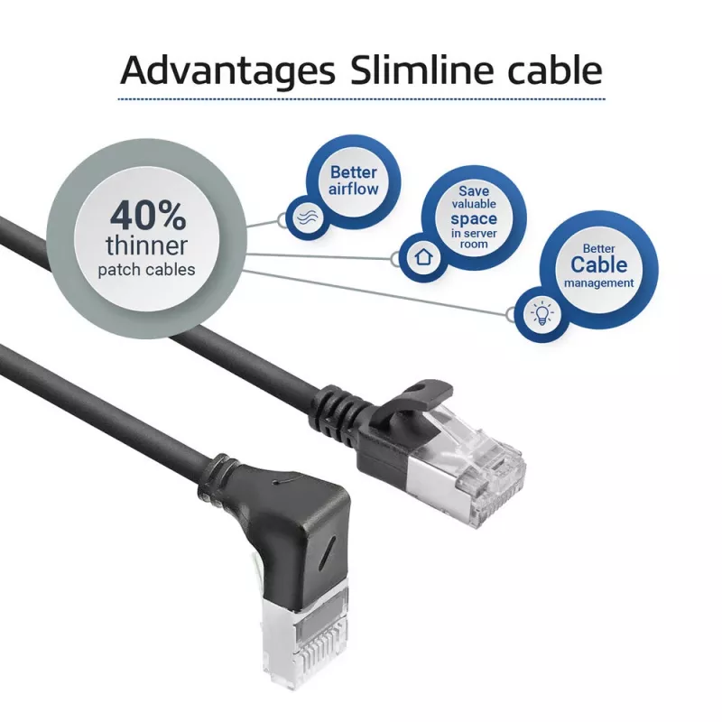 Cavo patch slimline ACT nero 2 m U/FTP CAT6A LSZH con connettori RJ45 90° angolare verso il basso su dritto