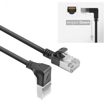 Cavo patch slimline ACT nero 3 m U/FTP CAT6A LSZH con connettori RJ45 90° angolare verso il basso su dritto