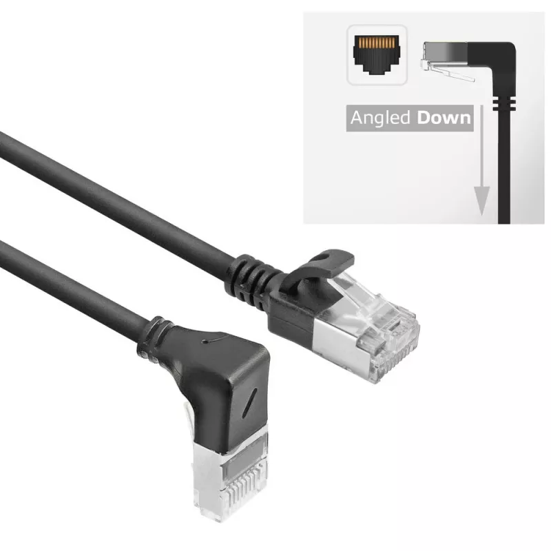 Cavo patch slimline ACT nero 3 m U/FTP CAT6A LSZH con connettori RJ45 90° angolare verso il basso su dritto