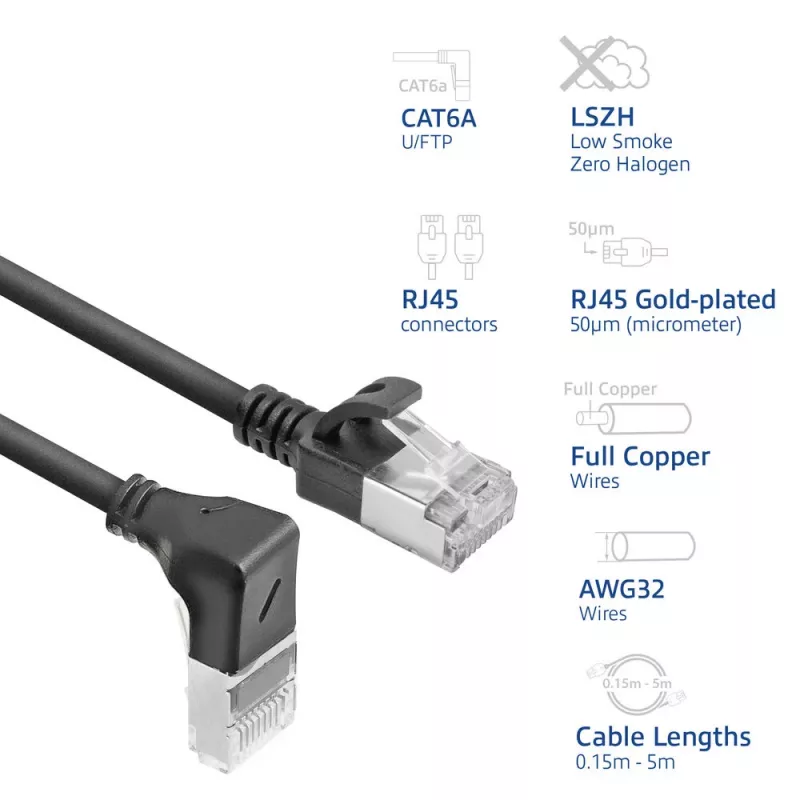 Cavo patch slimline ACT nero 3 m U/FTP CAT6A LSZH con connettori RJ45 90° angolare verso il basso su dritto