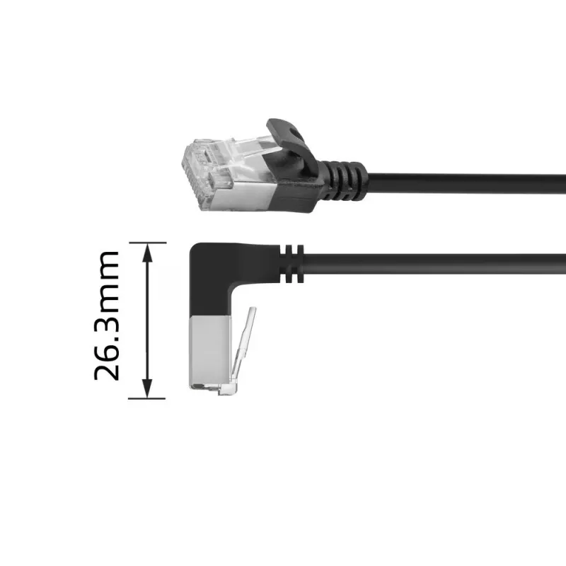 Cavo patch slimline ACT nero 3 m U/FTP CAT6A LSZH con connettori RJ45 90° angolare verso il basso su dritto