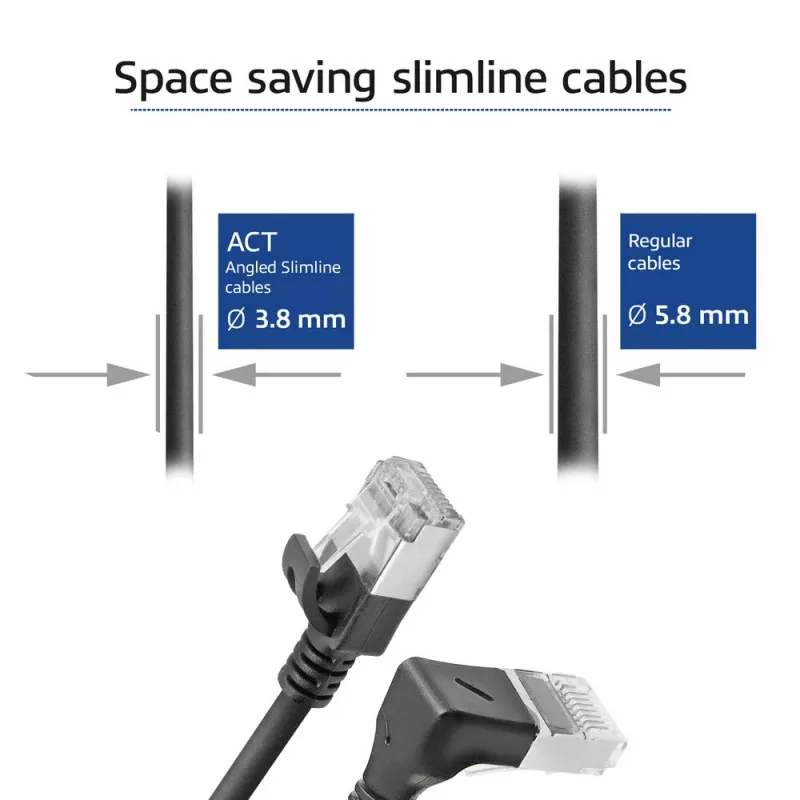 Cavo patch slimline ACT nero 3 m U/FTP CAT6A LSZH con connettori RJ45 90° angolare verso il basso su dritto