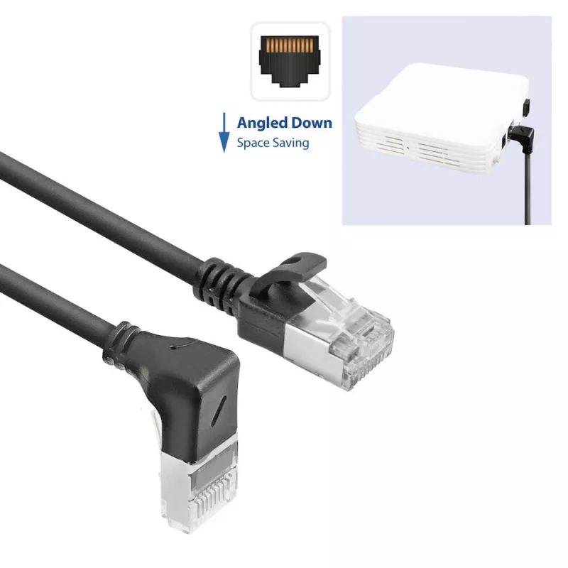 Cavo patch slimline ACT nero 1,5 m U/FTP CAT6A LSZH con connettori RJ45 90° angolare verso il basso su dritto