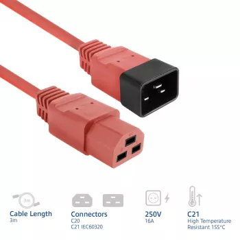 Cavo di alimentazione ACT C20–C21 IEC60320 rosso 3 m, 16 A, 250 V