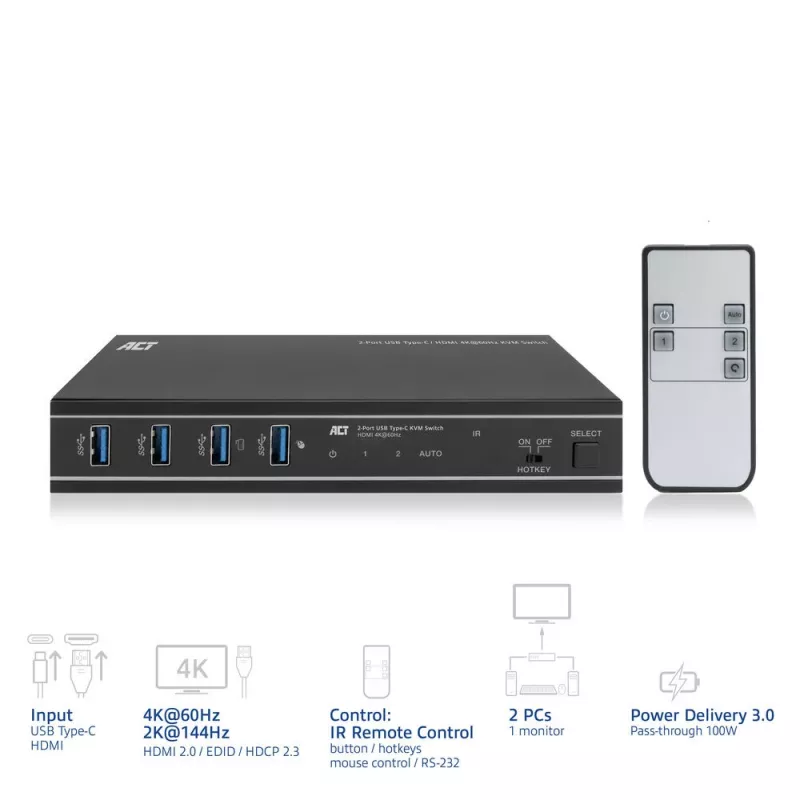 KVM switch ACT 2 porte USB-C/HDMI 4K@60Hz AC7922 con tastiera/mouse USB, video HDMI, 100W PD