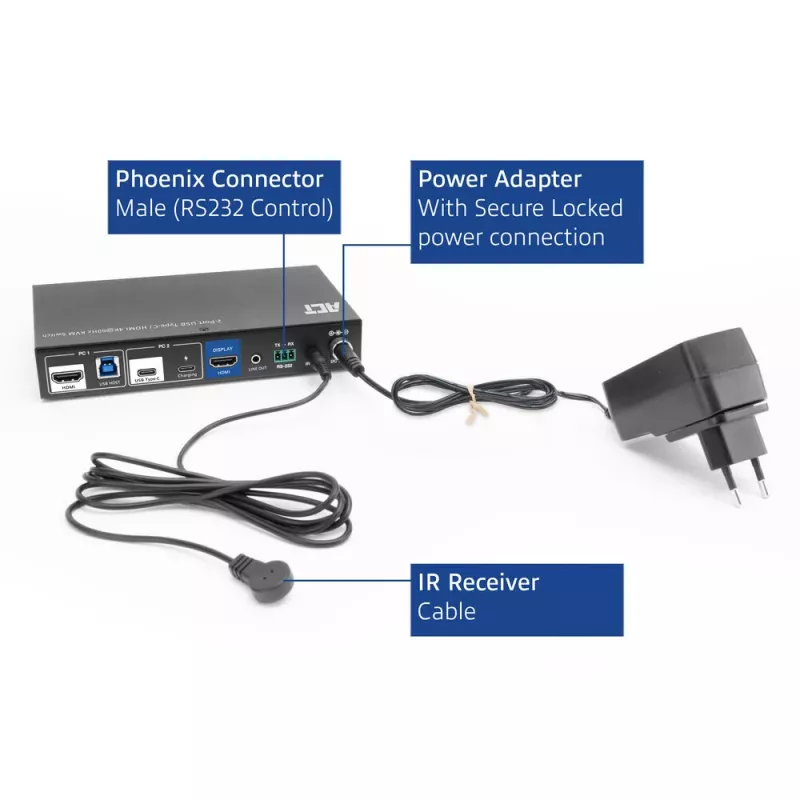 KVM switch ACT 2 porte USB-C/HDMI 4K@60Hz AC7922 con tastiera/mouse USB, video HDMI, 100W PD