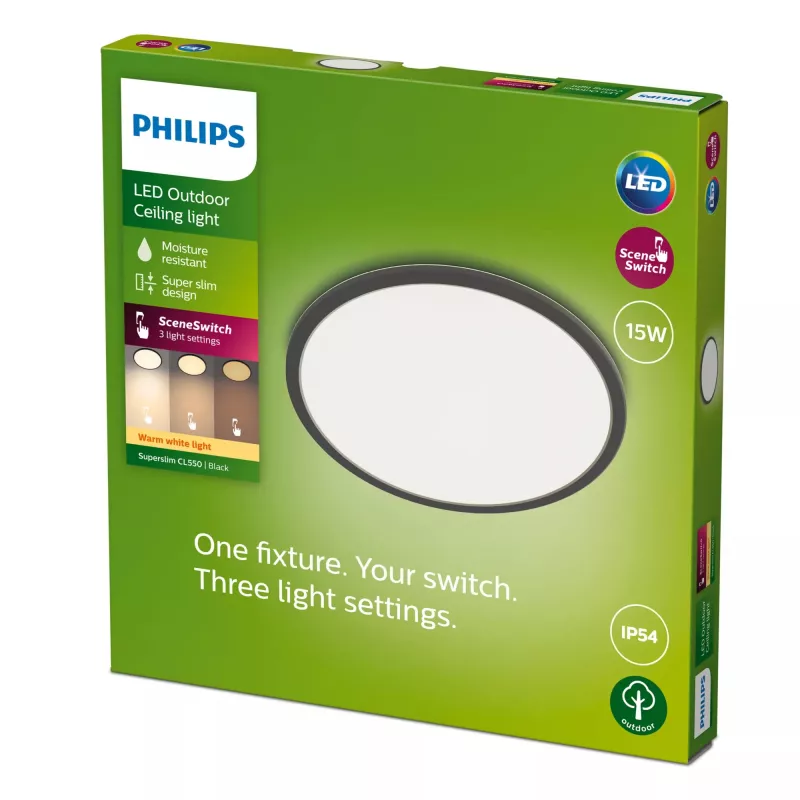 Plafoniera Philips Superslim 15W, nero, metallo, plastica, IP54, terrazza, giardino, II, moderno