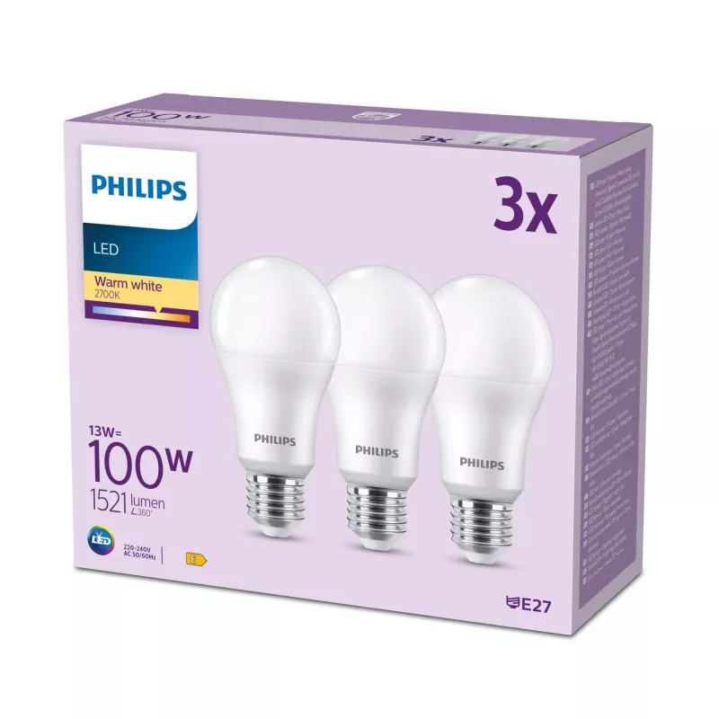 Lampadina Philips 100W A65 E27 x3, 13 W, 100 W, E27, 1521 lm, 15000 h, bianco caldo