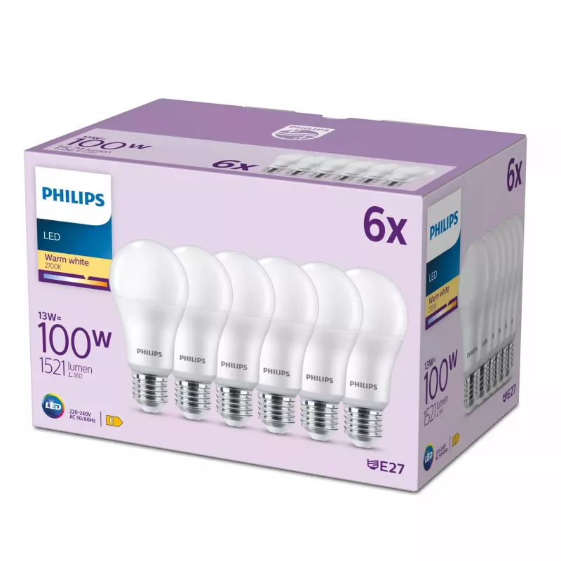 Lampadina Philips 100W A65 E27 x6, 13 W, 100 W, E27, 1521 lm, 15000 h, bianco caldo