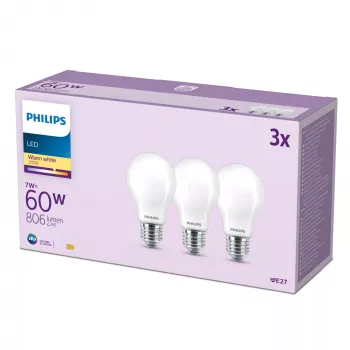 Lampadina filamento Philips opaca 60W A60 E27 confezione da 3, 7 W, 60 W, E27, 806 lm, 15000 h, bianco caldo