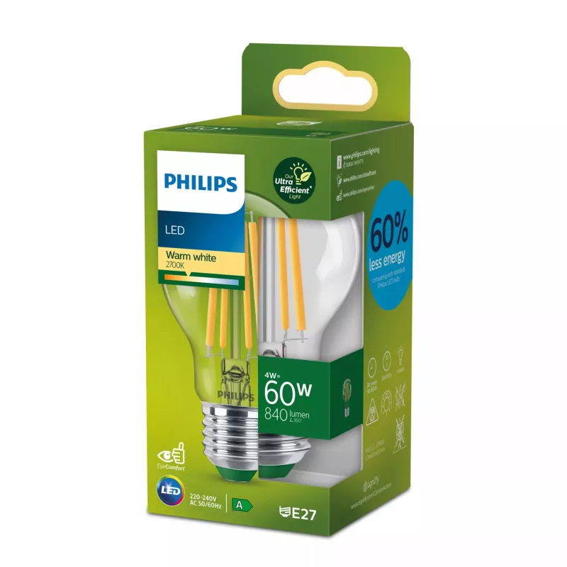 Lampadina filamento Philips trasparente 60W A60 E27, 4 W, 60 W, E27, 840 lm, 50000 h, bianco caldo