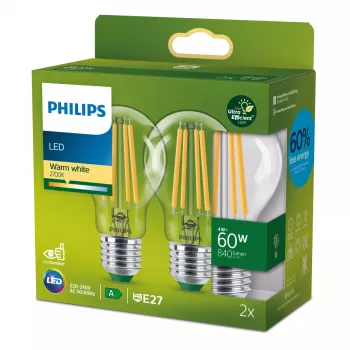 Lampadina filamento Philips trasparente 60W A60 E27 x2, 4 W, 60 W, E27, 840 lm, 50000 h, bianco caldo