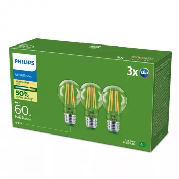 Lampadina LED Philips Classic equivalente 60W, E27 trasparente bianco caldo, confezione da 3, classe energetica A