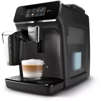 Macchina per caffè espresso Philips EP2334/10 – automatica, macchina da appoggio, macinacaffè in ceramica integrato, serbatoio latte, filtro AquaClean, touchscreen, nero